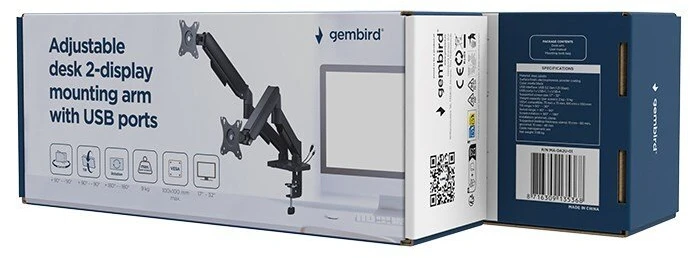 Gembird MA-DA2U-01 – Mbajtëse Dual Monitori 17″-32″ me USB thumbnail 2